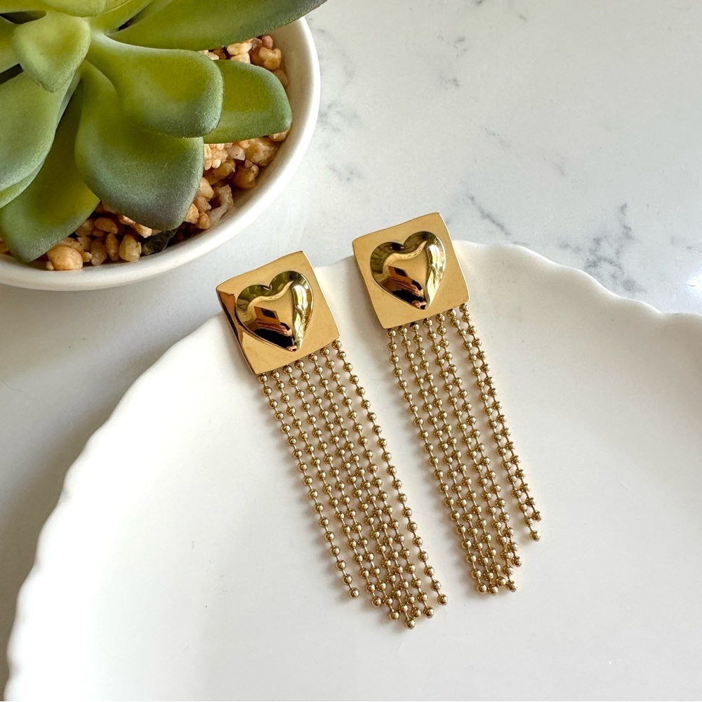 2/$30🌵 Gold Heart Square Earrings Tassel Fringe Long Statement Jewelry Gift NEW